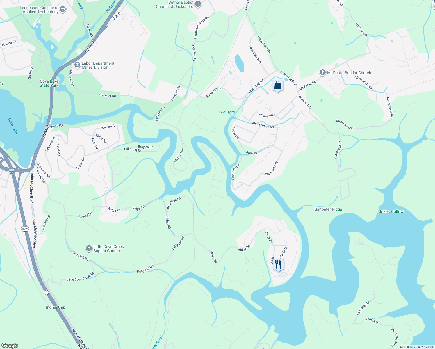 map of restaurants, bars, coffee shops, grocery stores, and more near 410 Perry Smith Lane in Caryville