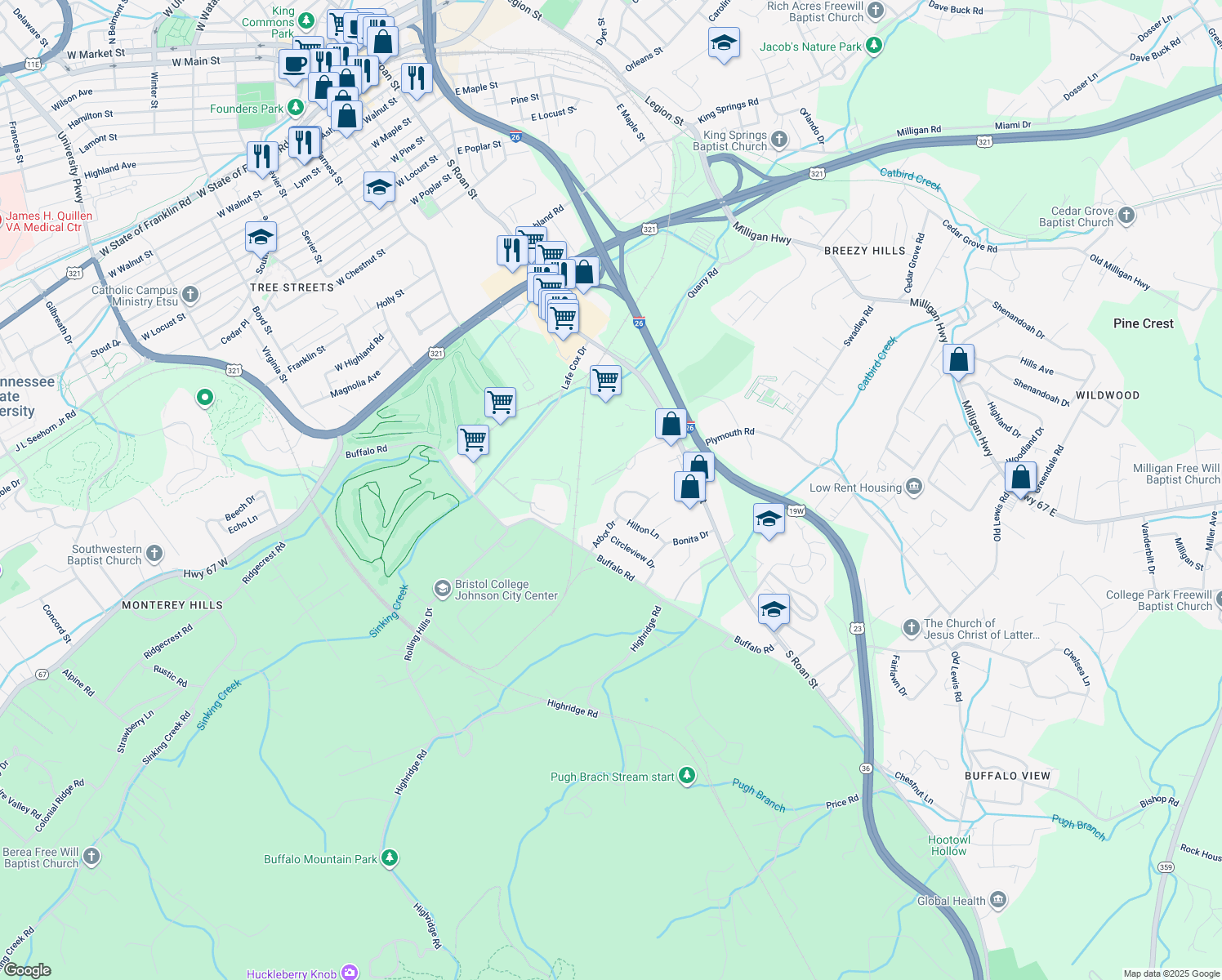map of restaurants, bars, coffee shops, grocery stores, and more near 312 Oak Glen Circle in Johnson City
