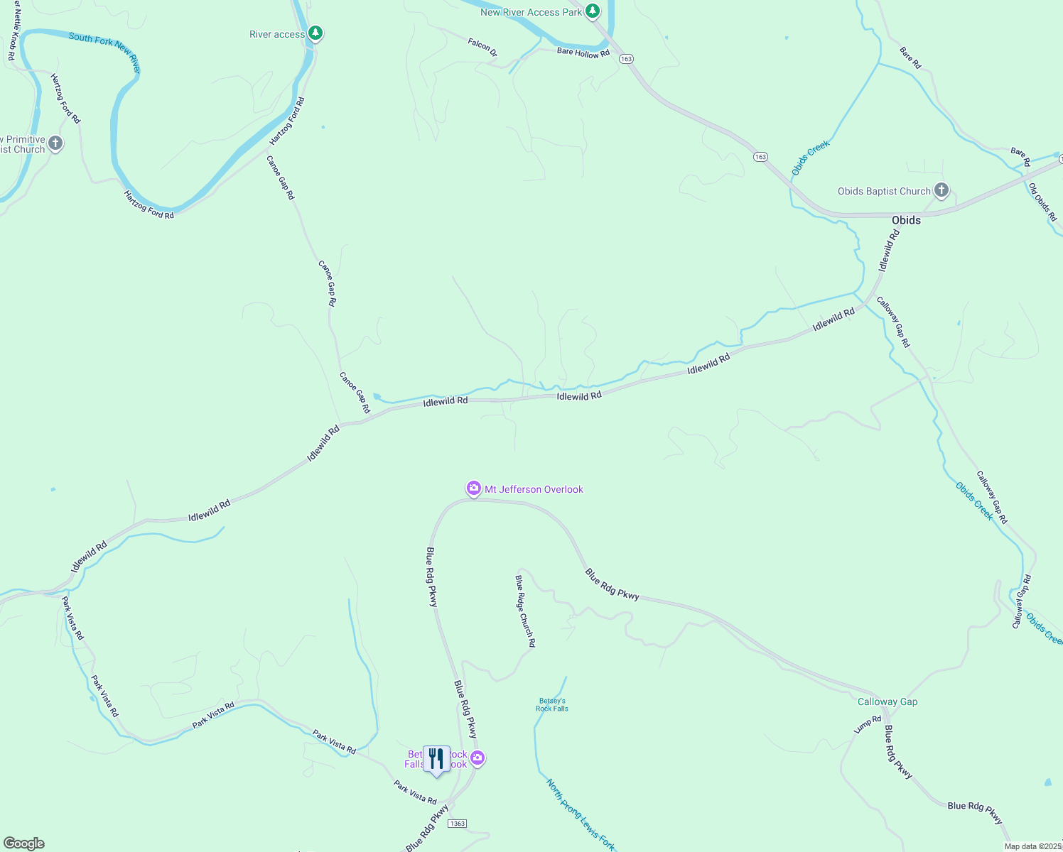 map of restaurants, bars, coffee shops, grocery stores, and more near 1617 Idlewild Road in West Jefferson