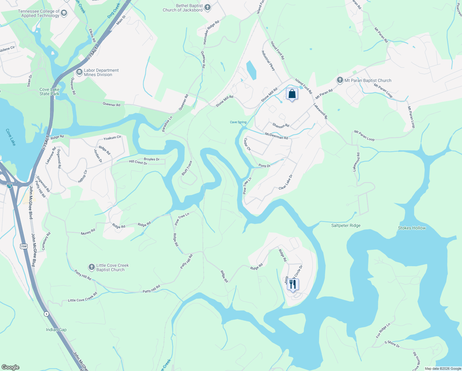 map of restaurants, bars, coffee shops, grocery stores, and more near 410 Perry Smith Ln in Caryville
