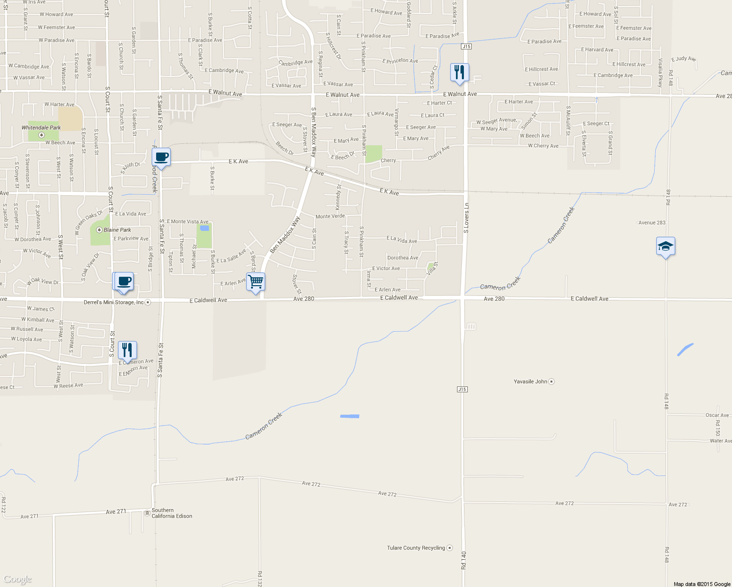 map of restaurants, bars, coffee shops, grocery stores, and more near 2143 E Arlen Ave in Visalia