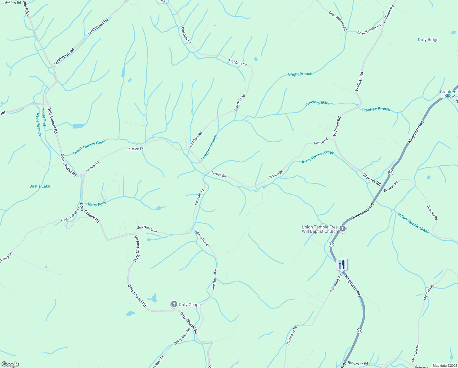map of restaurants, bars, coffee shops, grocery stores, and more near 1390 Justice Road in Afton