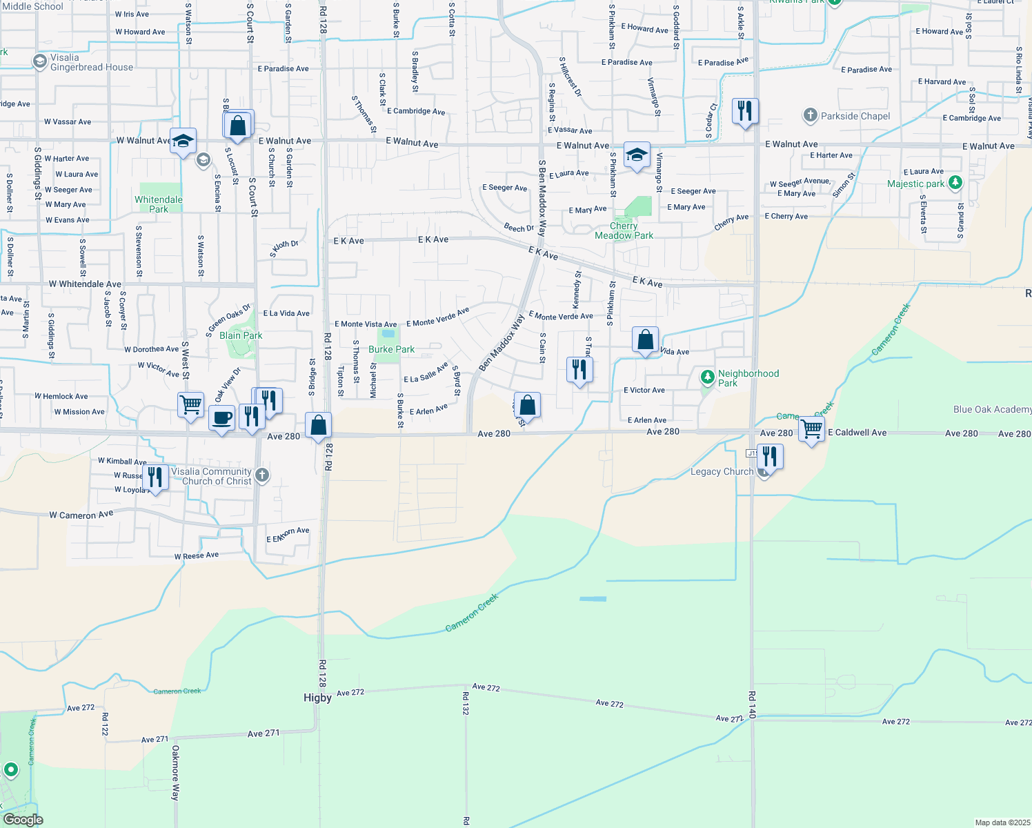 map of restaurants, bars, coffee shops, grocery stores, and more near Stover Street in Visalia