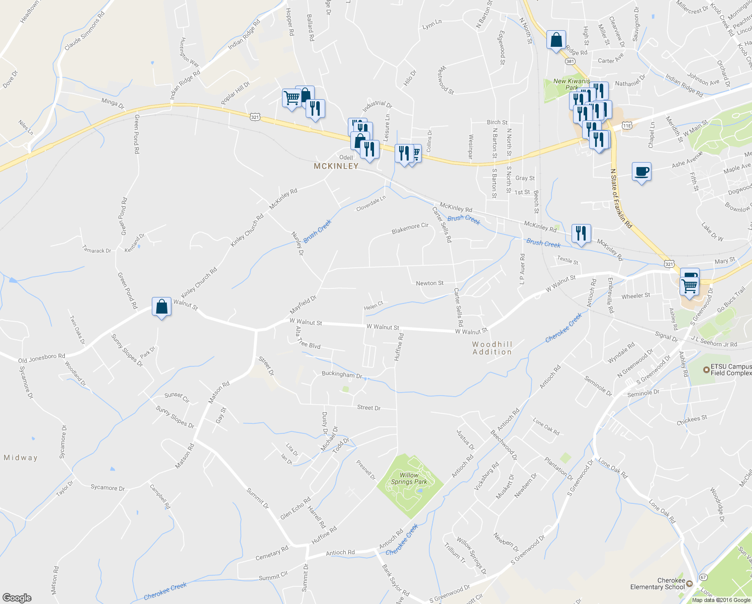 map of restaurants, bars, coffee shops, grocery stores, and more near 202 Allison Ln in Johnson City
