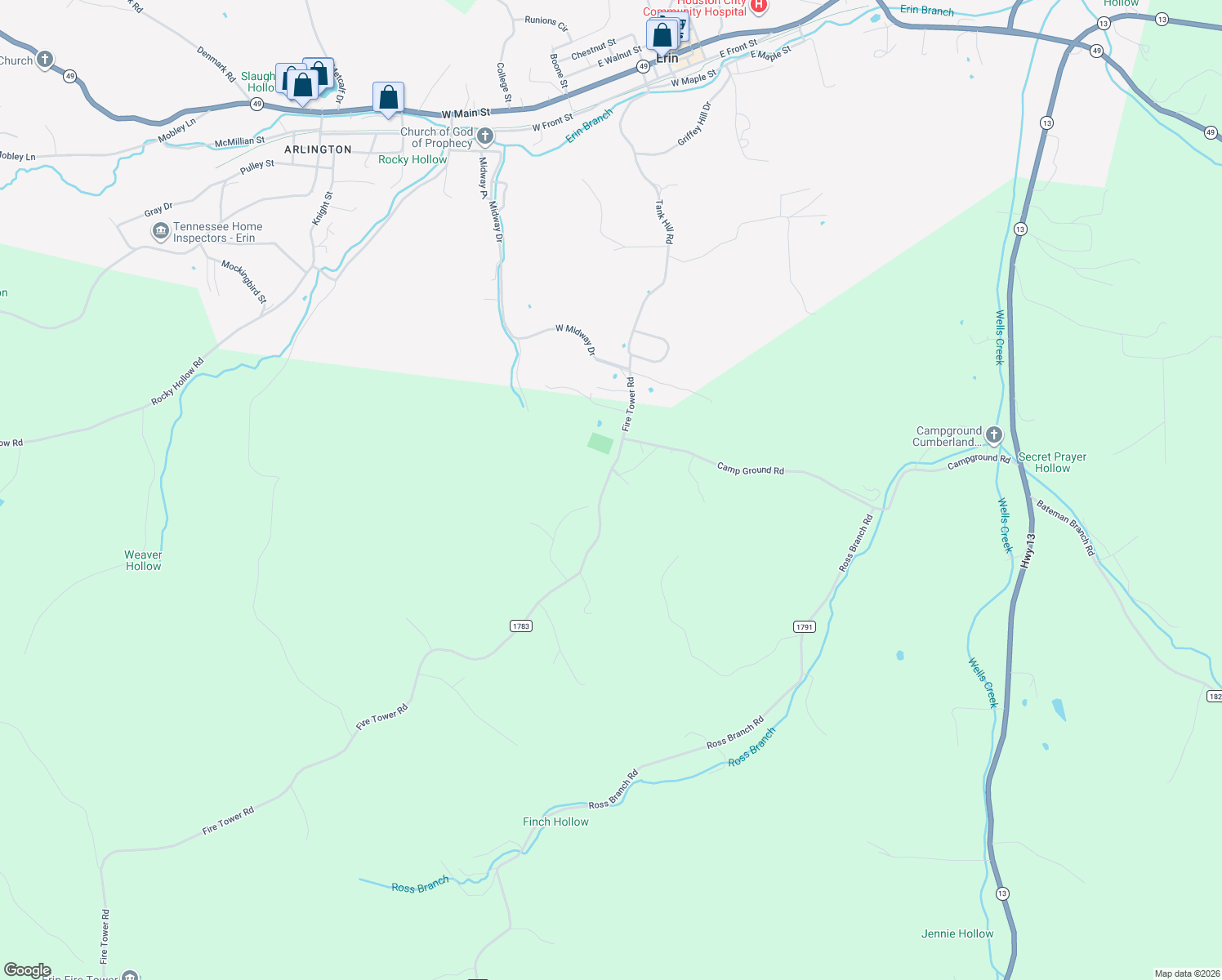 map of restaurants, bars, coffee shops, grocery stores, and more near 337 Fire Tower Road in Erin