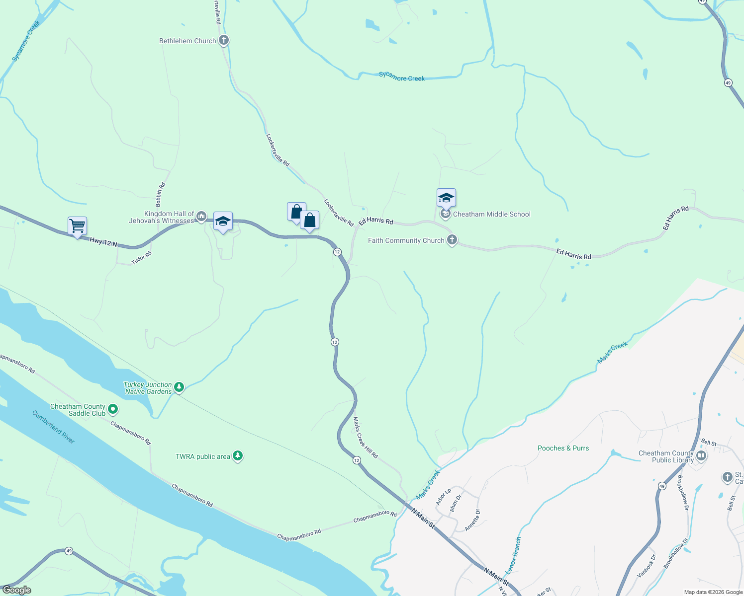 map of restaurants, bars, coffee shops, grocery stores, and more near 130 Annabelle Way in Ashland City