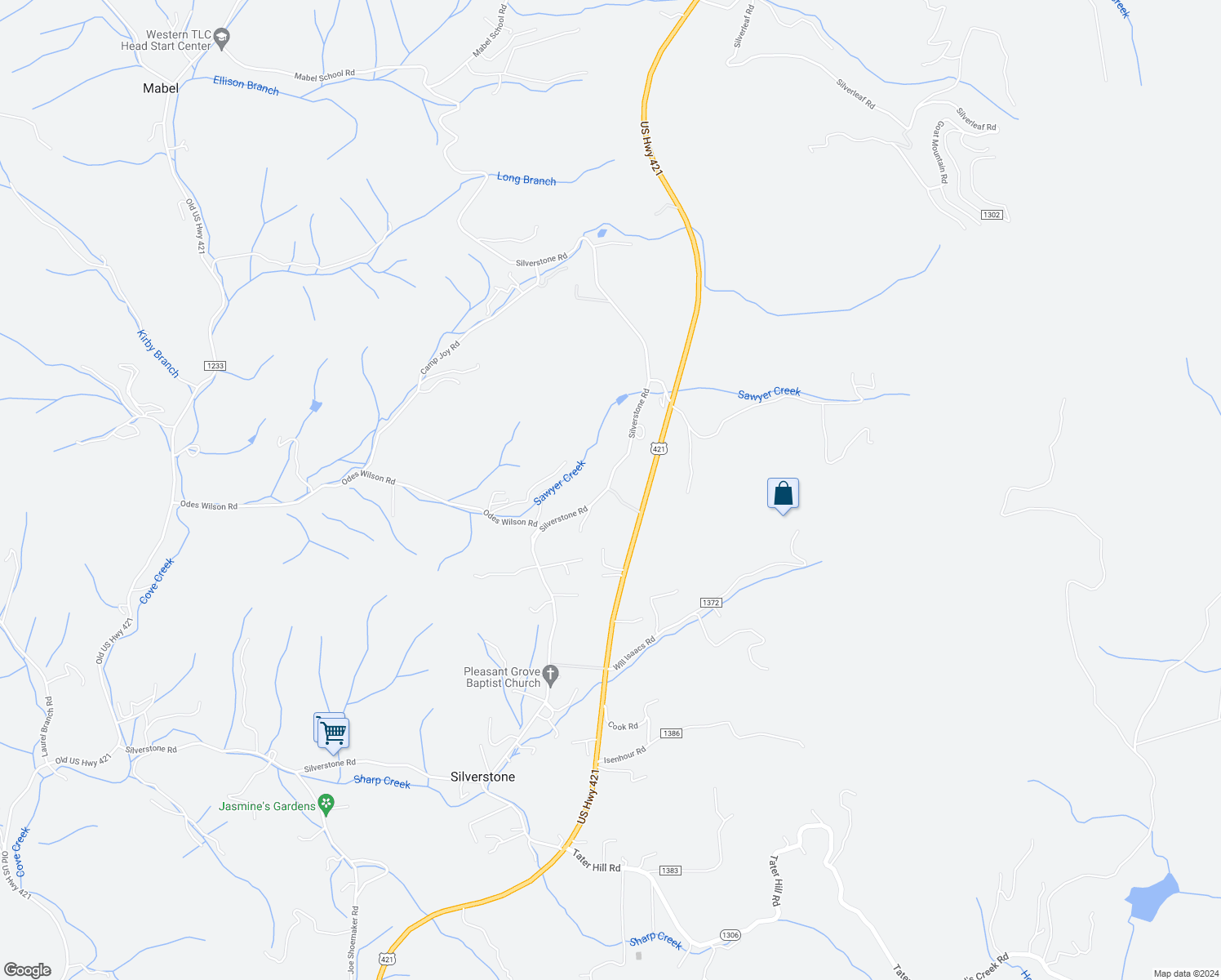 map of restaurants, bars, coffee shops, grocery stores, and more near 2278 Silverstone Road in Zionville