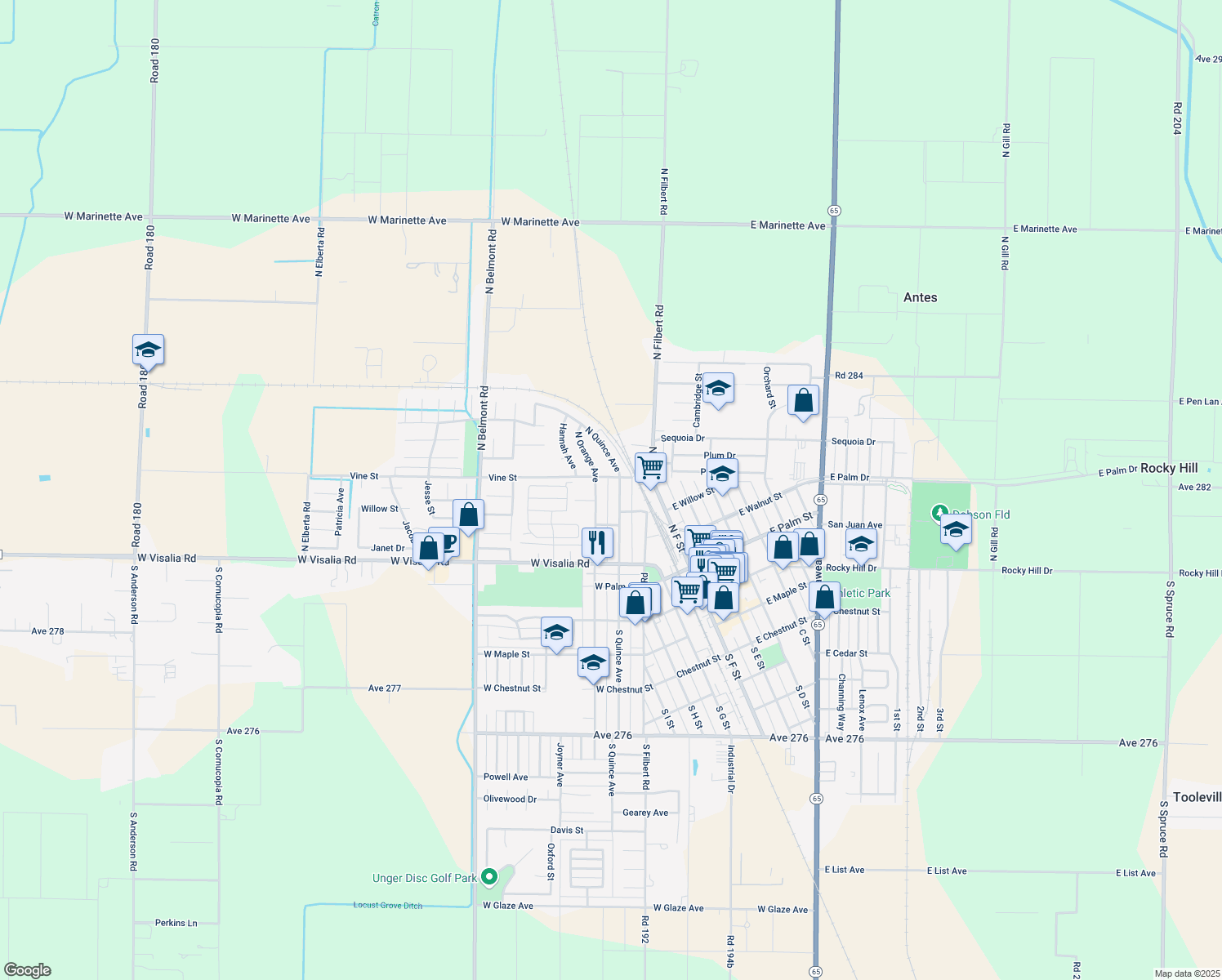map of restaurants, bars, coffee shops, grocery stores, and more near 452 North Quince Avenue in Exeter