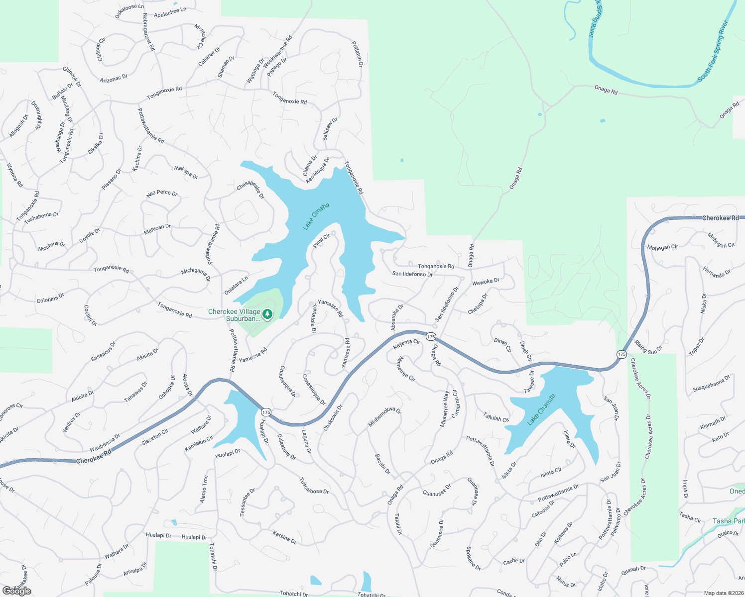 map of restaurants, bars, coffee shops, grocery stores, and more near 121 San Ildefonso Drive in Cherokee Village