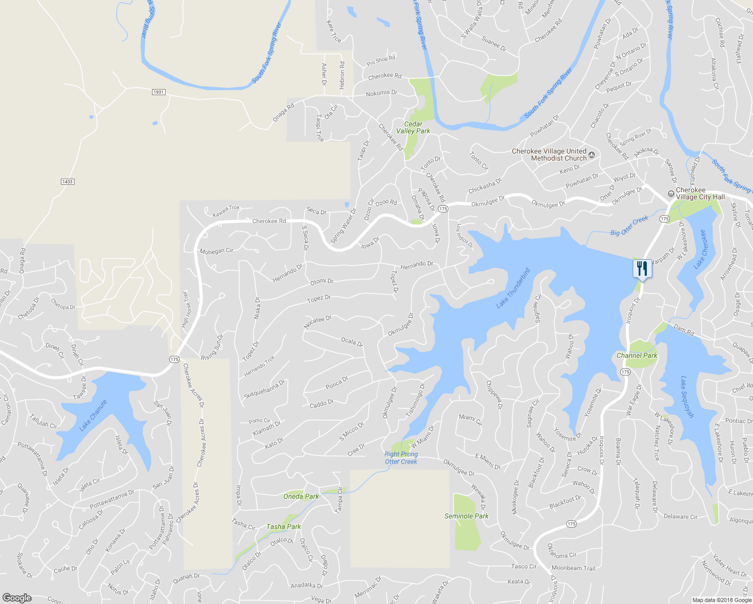 map of restaurants, bars, coffee shops, grocery stores, and more near 85 Topez Drive in Cherokee Village