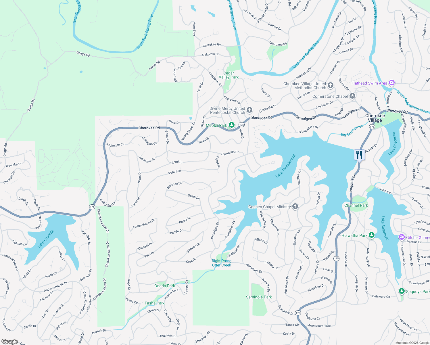 map of restaurants, bars, coffee shops, grocery stores, and more near 93 Topez Drive in Cherokee Village