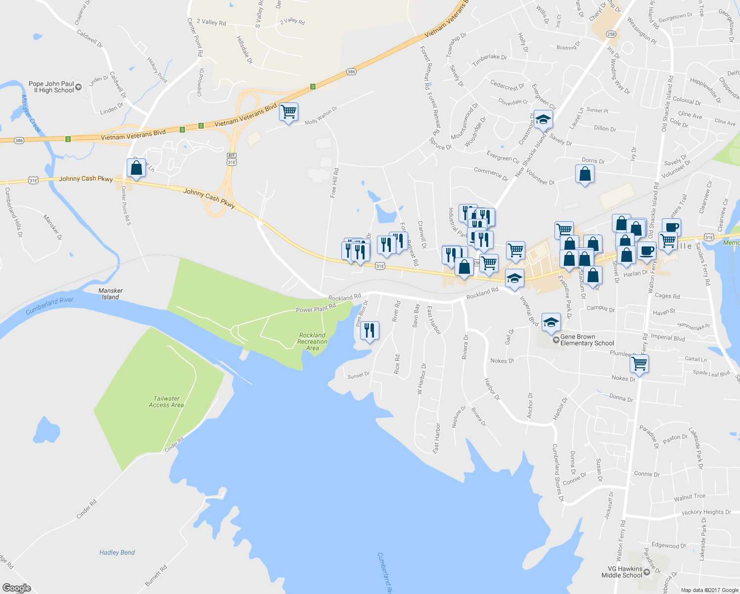 map of restaurants, bars, coffee shops, grocery stores, and more near 275 Rockland Road in Hendersonville