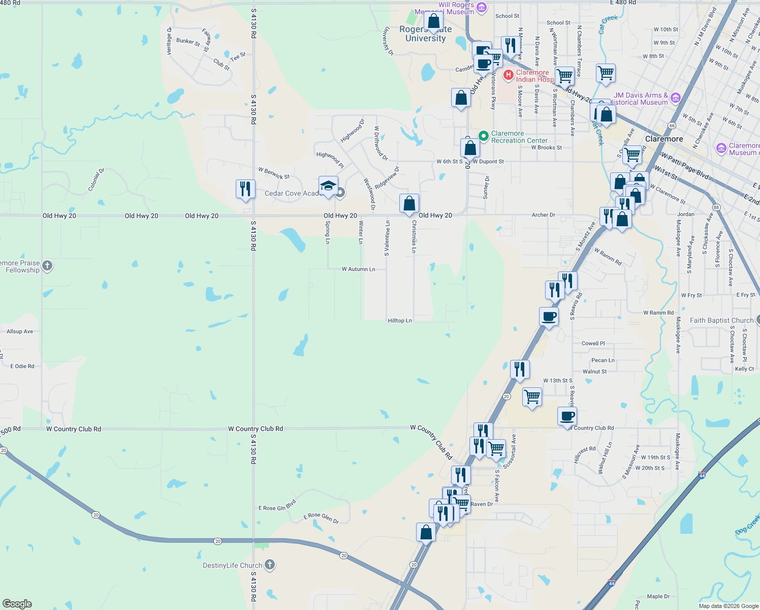 map of restaurants, bars, coffee shops, grocery stores, and more near 759 South Valentine Lane in Claremore
