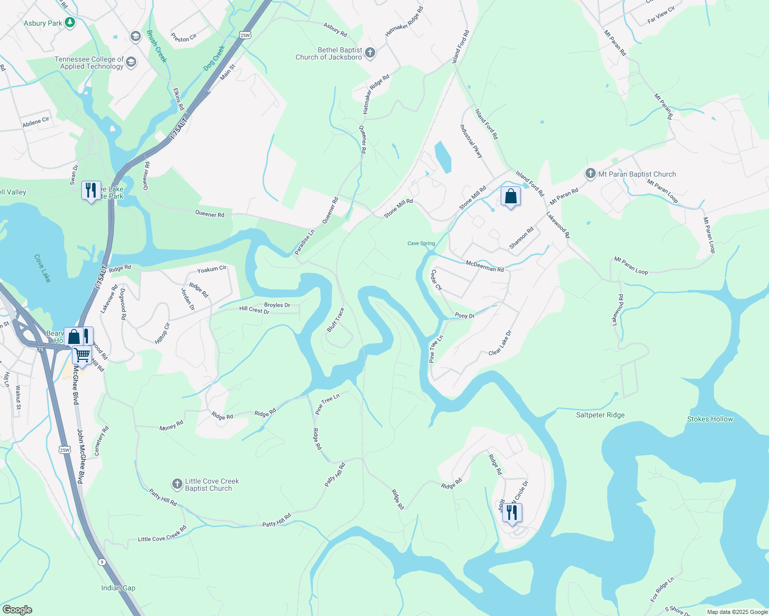 map of restaurants, bars, coffee shops, grocery stores, and more near 506 Perry Smith Lane in Caryville