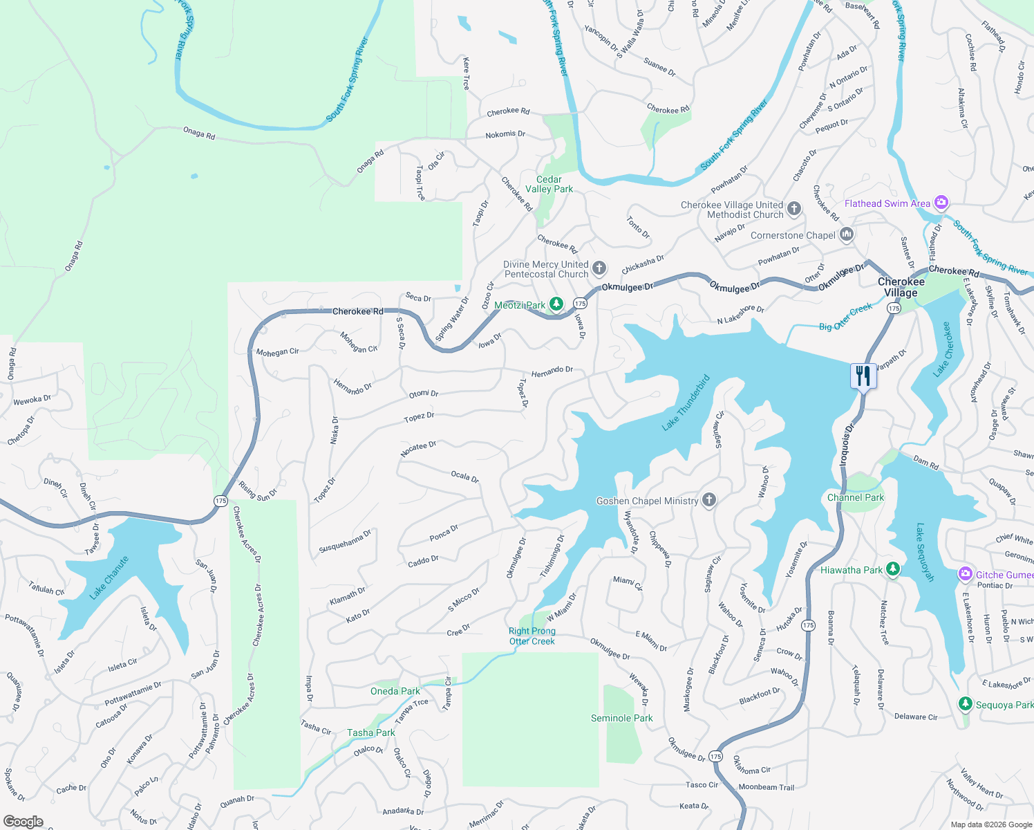 map of restaurants, bars, coffee shops, grocery stores, and more near 93 Topez Drive in Cherokee Village