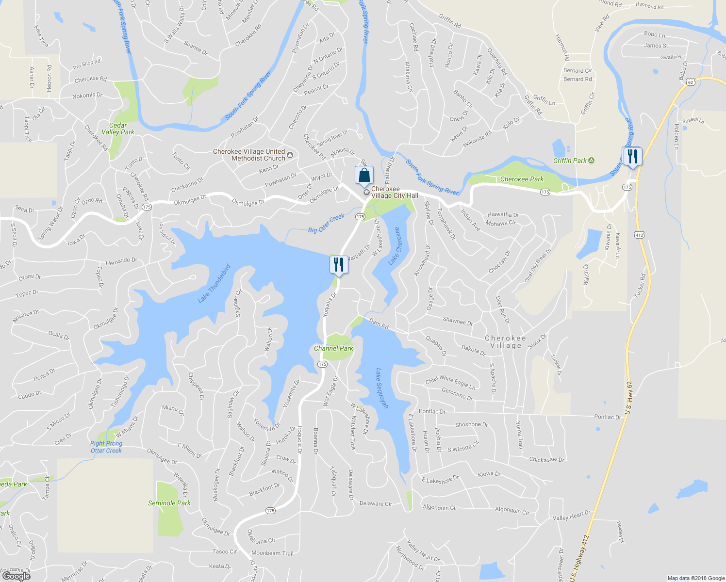 map of restaurants, bars, coffee shops, grocery stores, and more near 13 Iroquois Circle in Cherokee Village