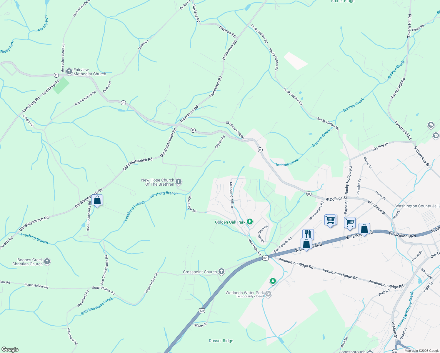 map of restaurants, bars, coffee shops, grocery stores, and more near 1361 Meadow Creek Lane in Jonesborough