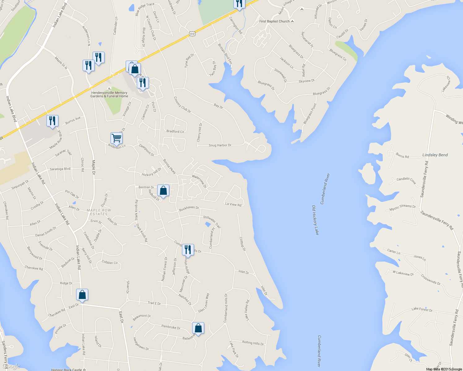 map of restaurants, bars, coffee shops, grocery stores, and more near 240 Waterview Drive in Hendersonville