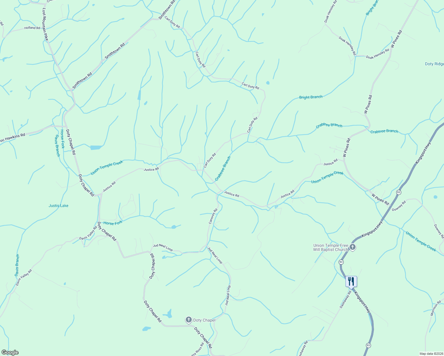 map of restaurants, bars, coffee shops, grocery stores, and more near 1390 Justice Road in Afton
