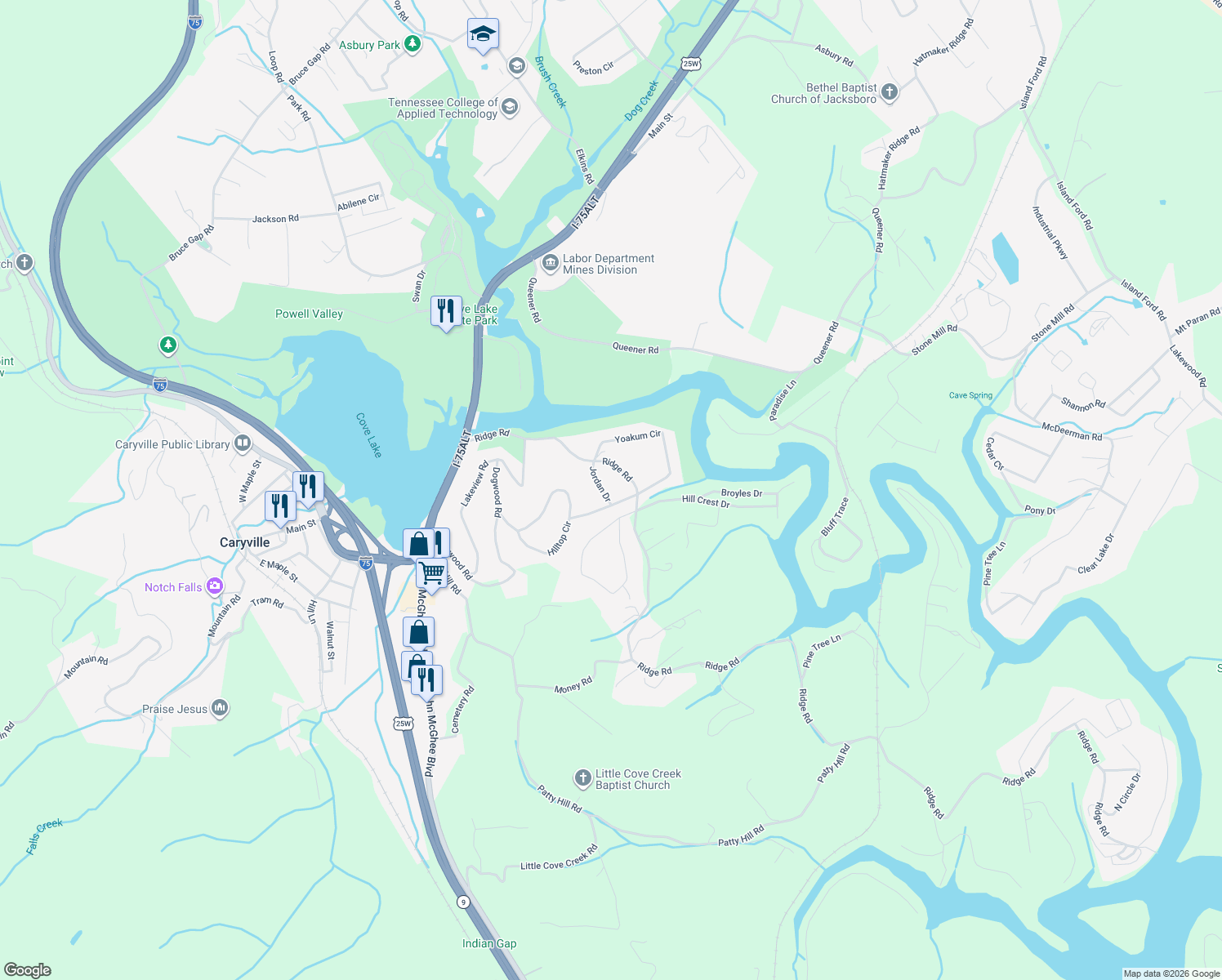 map of restaurants, bars, coffee shops, grocery stores, and more near 153 Jordan Drive in Caryville