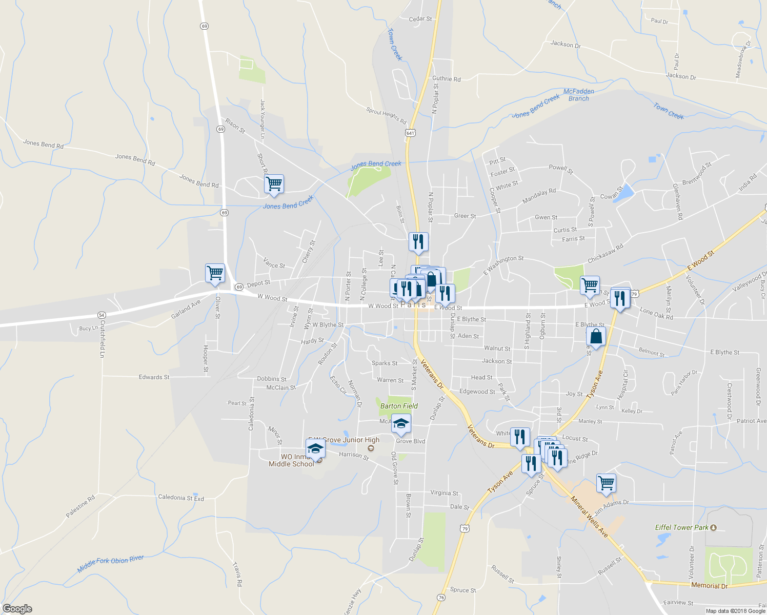 map of restaurants, bars, coffee shops, grocery stores, and more near 407 West Wood Street in Paris
