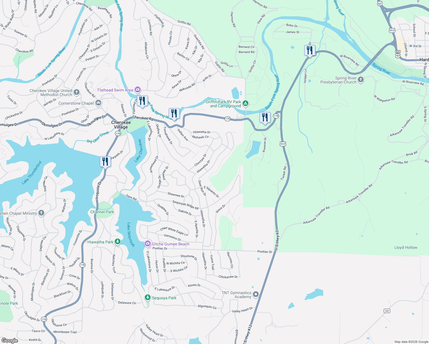 map of restaurants, bars, coffee shops, grocery stores, and more near 9497 West 107th Place in Cherokee Village