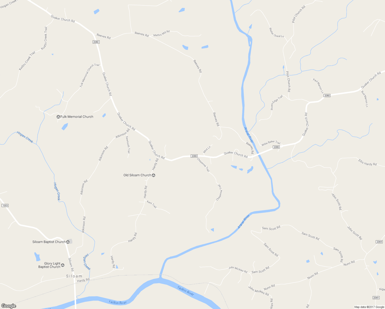 map of restaurants, bars, coffee shops, grocery stores, and more near 2463 Quaker Church Road in Siloam