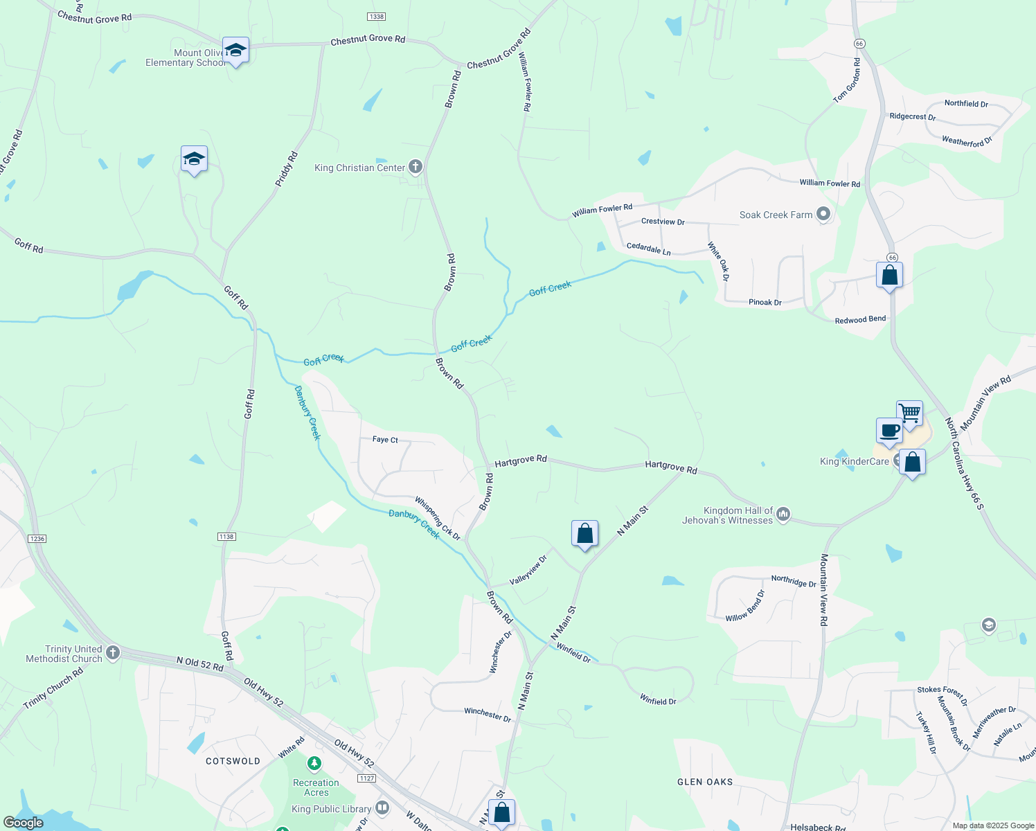 map of restaurants, bars, coffee shops, grocery stores, and more near 117 Rosewood Lane in King