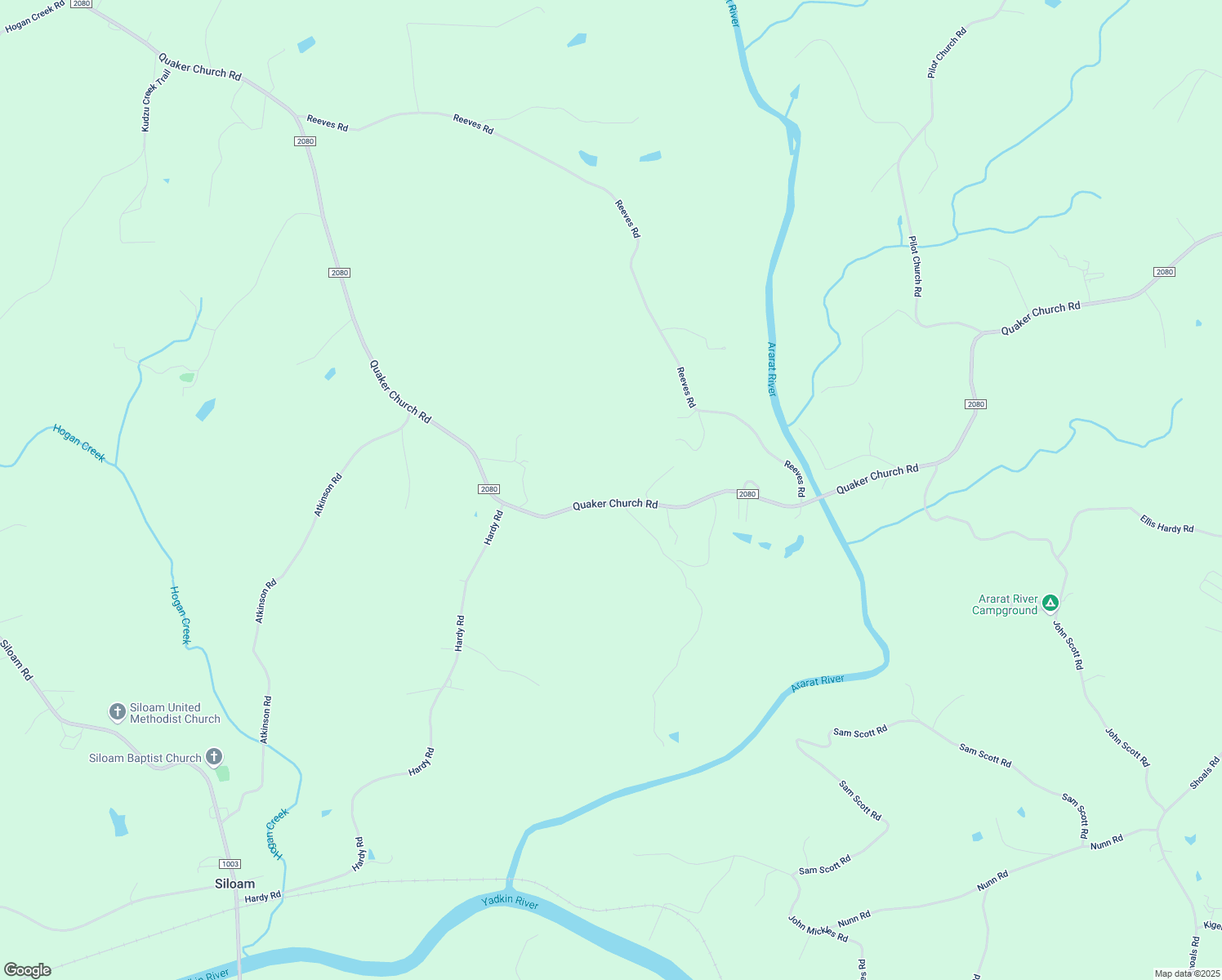 map of restaurants, bars, coffee shops, grocery stores, and more near 2463 Quaker Church Road in Siloam