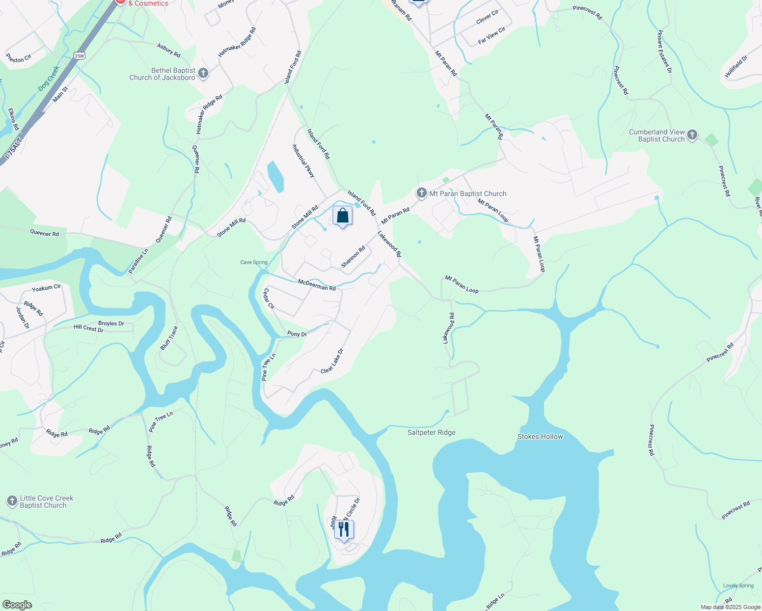 map of restaurants, bars, coffee shops, grocery stores, and more near 210 Vanover Lane in Jacksboro