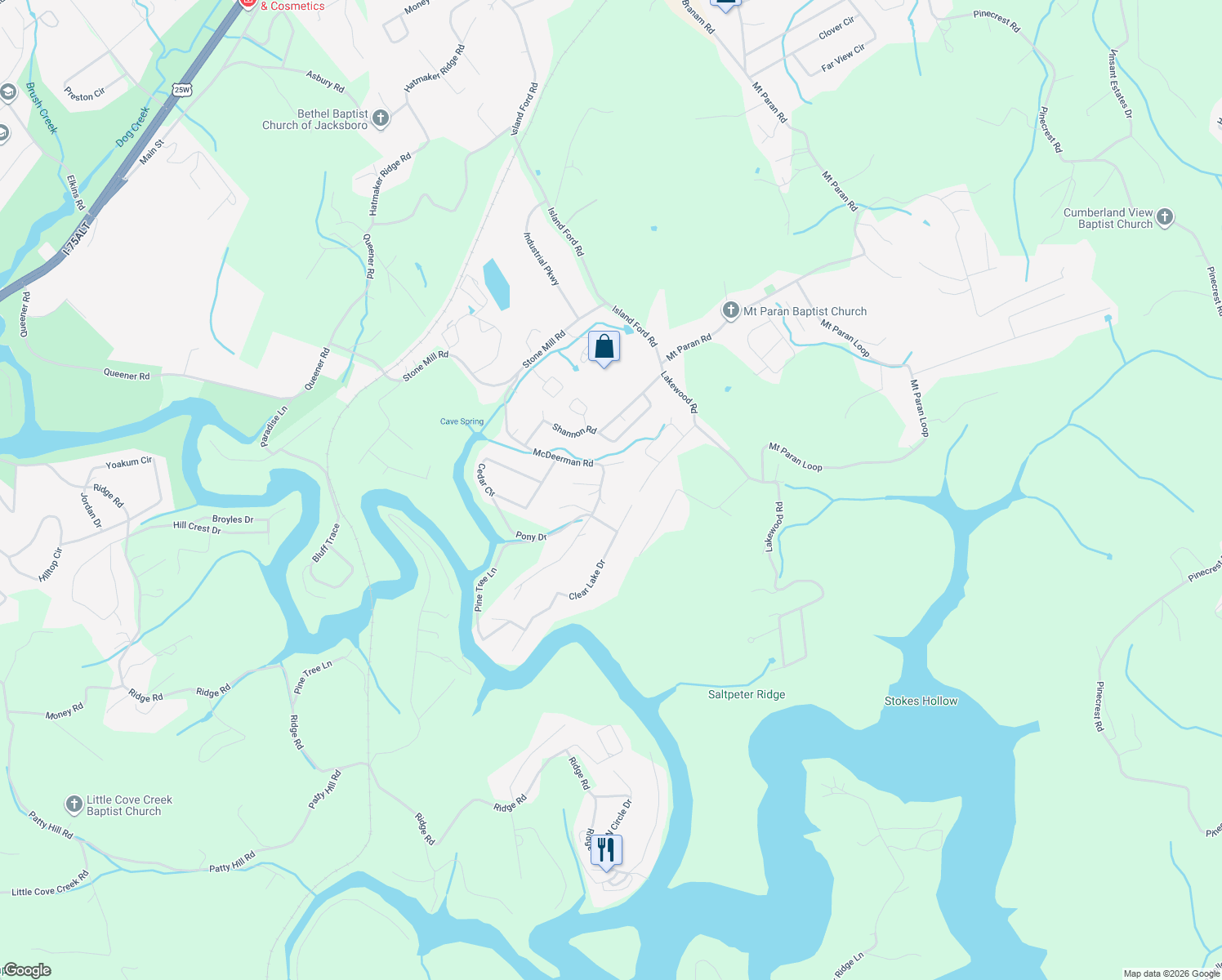 map of restaurants, bars, coffee shops, grocery stores, and more near 377 McDeerman Rd in Jacksboro