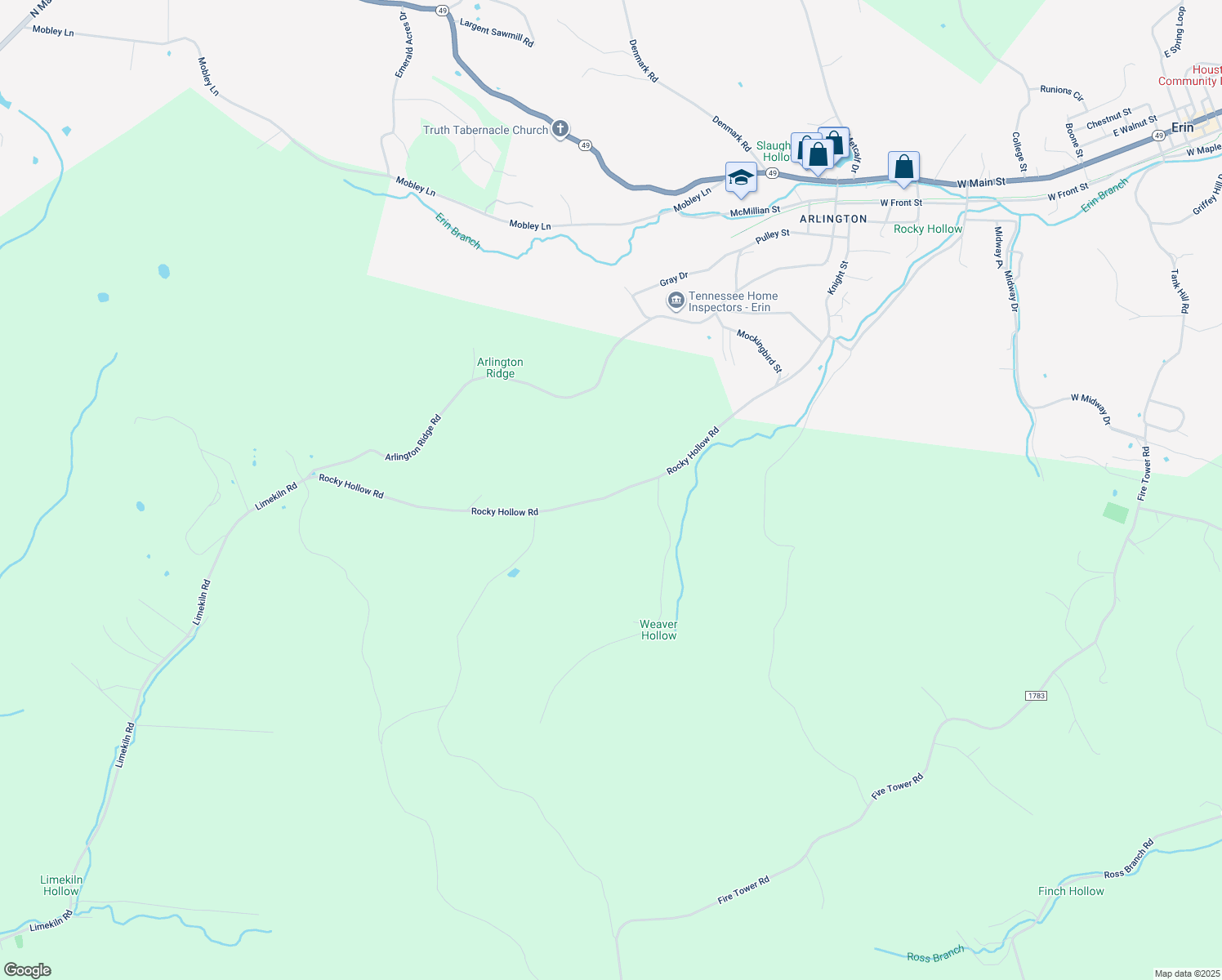map of restaurants, bars, coffee shops, grocery stores, and more near 1390 Rocky Hollow Road in Erin