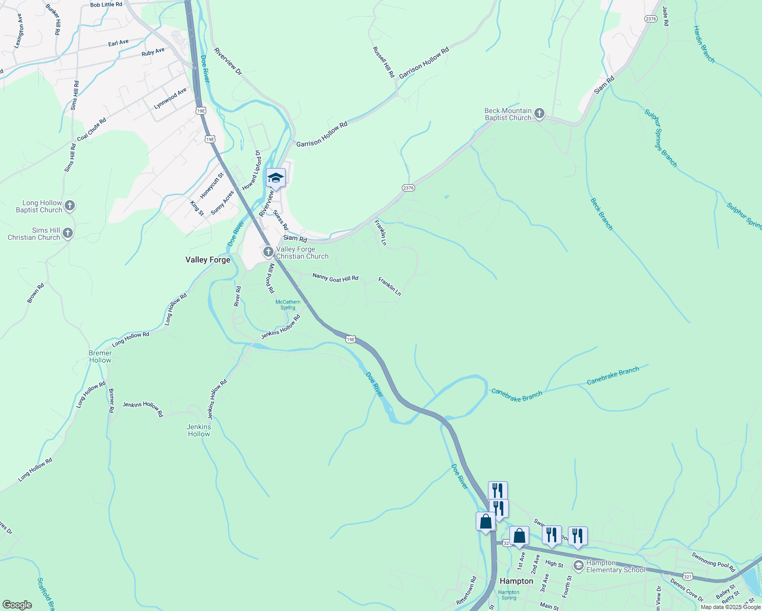 map of restaurants, bars, coffee shops, grocery stores, and more near 102 Rouse Private Dr in Elizabethton