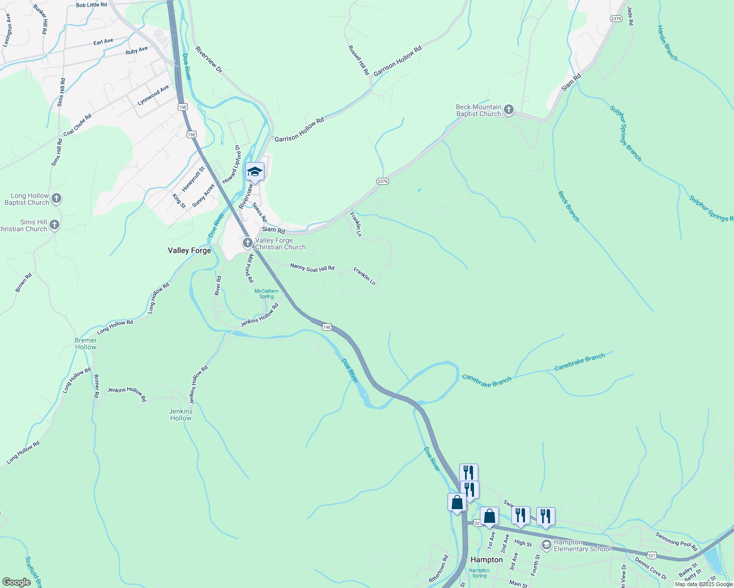 map of restaurants, bars, coffee shops, grocery stores, and more near 102 Rouse Private Dr in Elizabethton