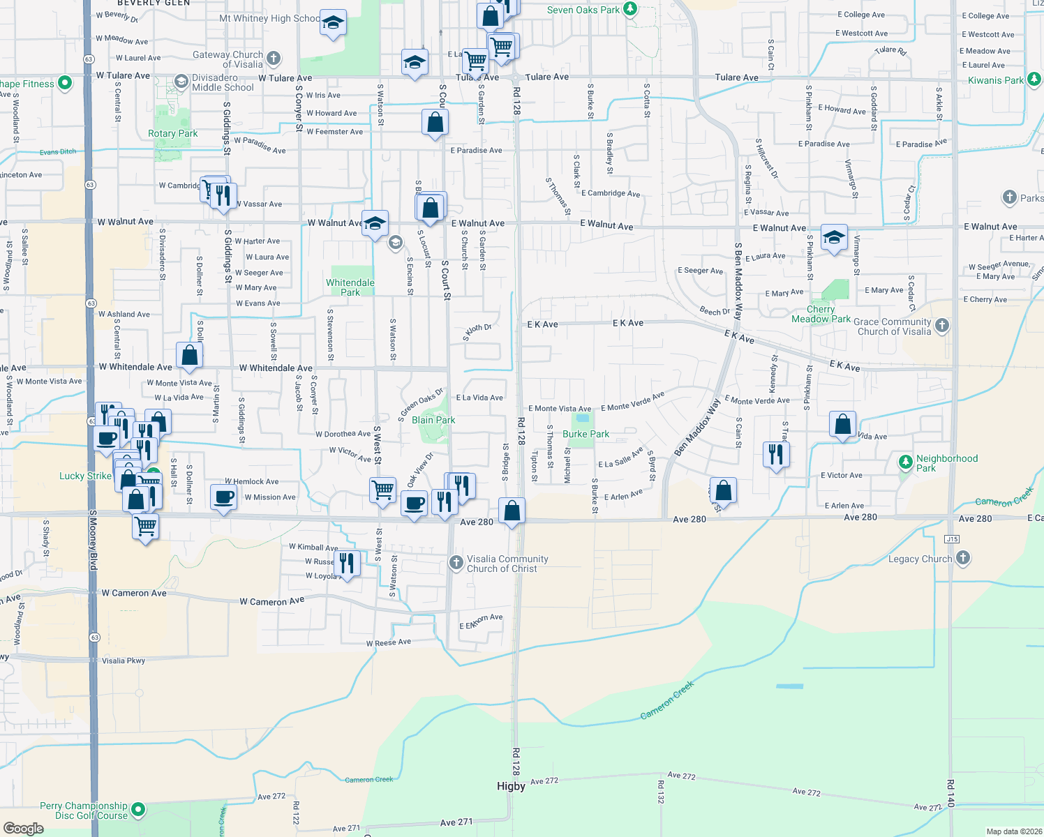 map of restaurants, bars, coffee shops, grocery stores, and more near 3001-3499 S Santa Fe Ave in Visalia