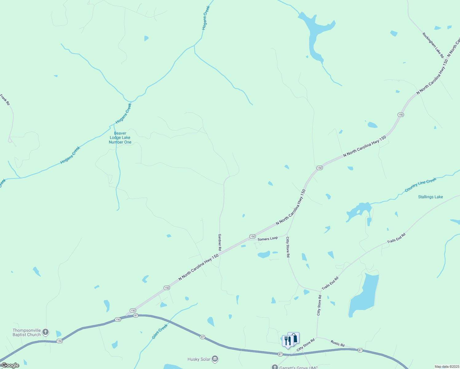 map of restaurants, bars, coffee shops, grocery stores, and more near 395 Gordon Drive in Stokesdale