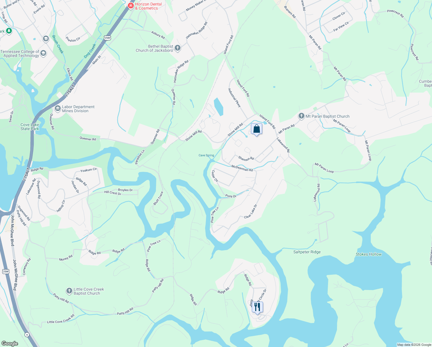 map of restaurants, bars, coffee shops, grocery stores, and more near 280 Cedar Circle in Jacksboro