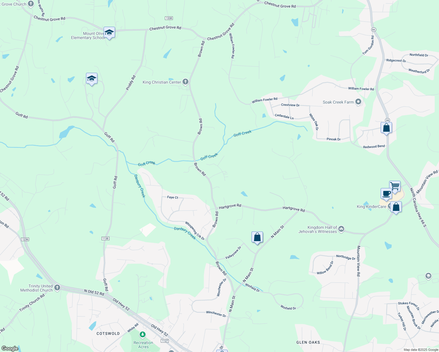 map of restaurants, bars, coffee shops, grocery stores, and more near 117 Rosewood Lane in King