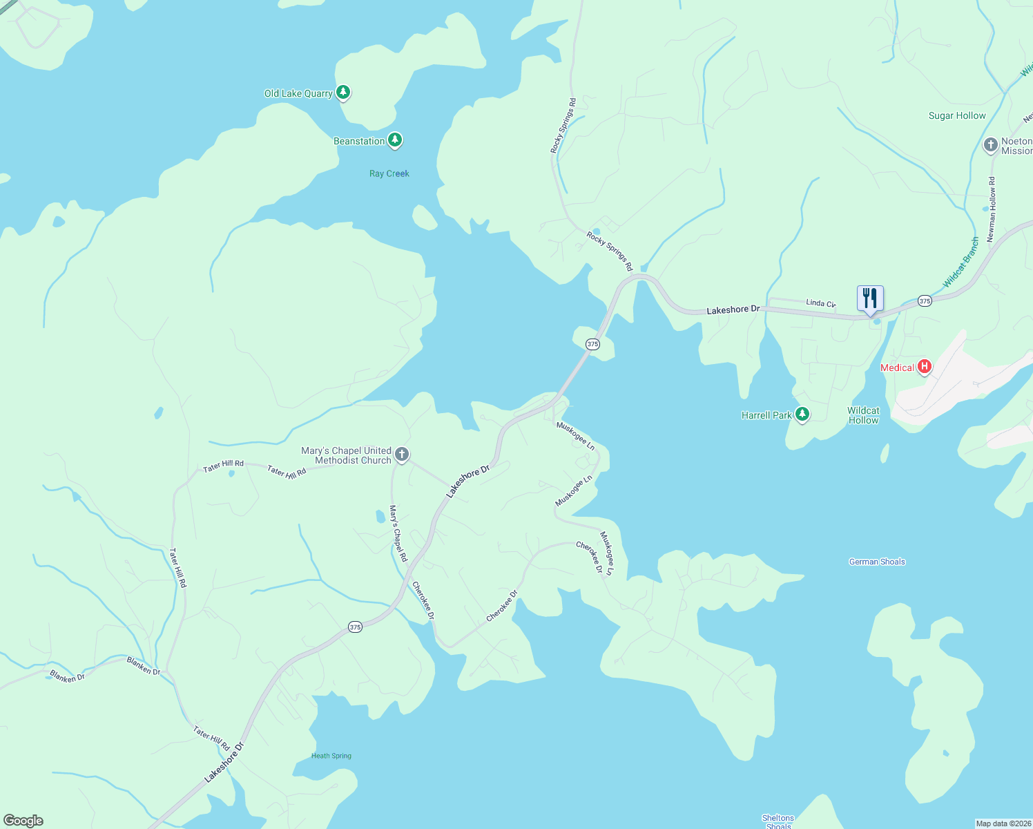 map of restaurants, bars, coffee shops, grocery stores, and more near 443 Sandpiper Lane in Bean Station