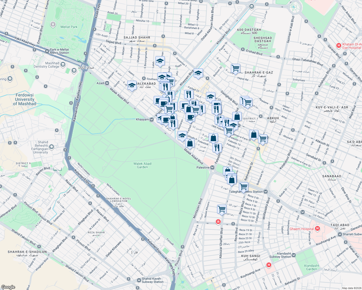 map of restaurants, bars, coffee shops, grocery stores, and more near Malek Abad Boulevard in Mashhad