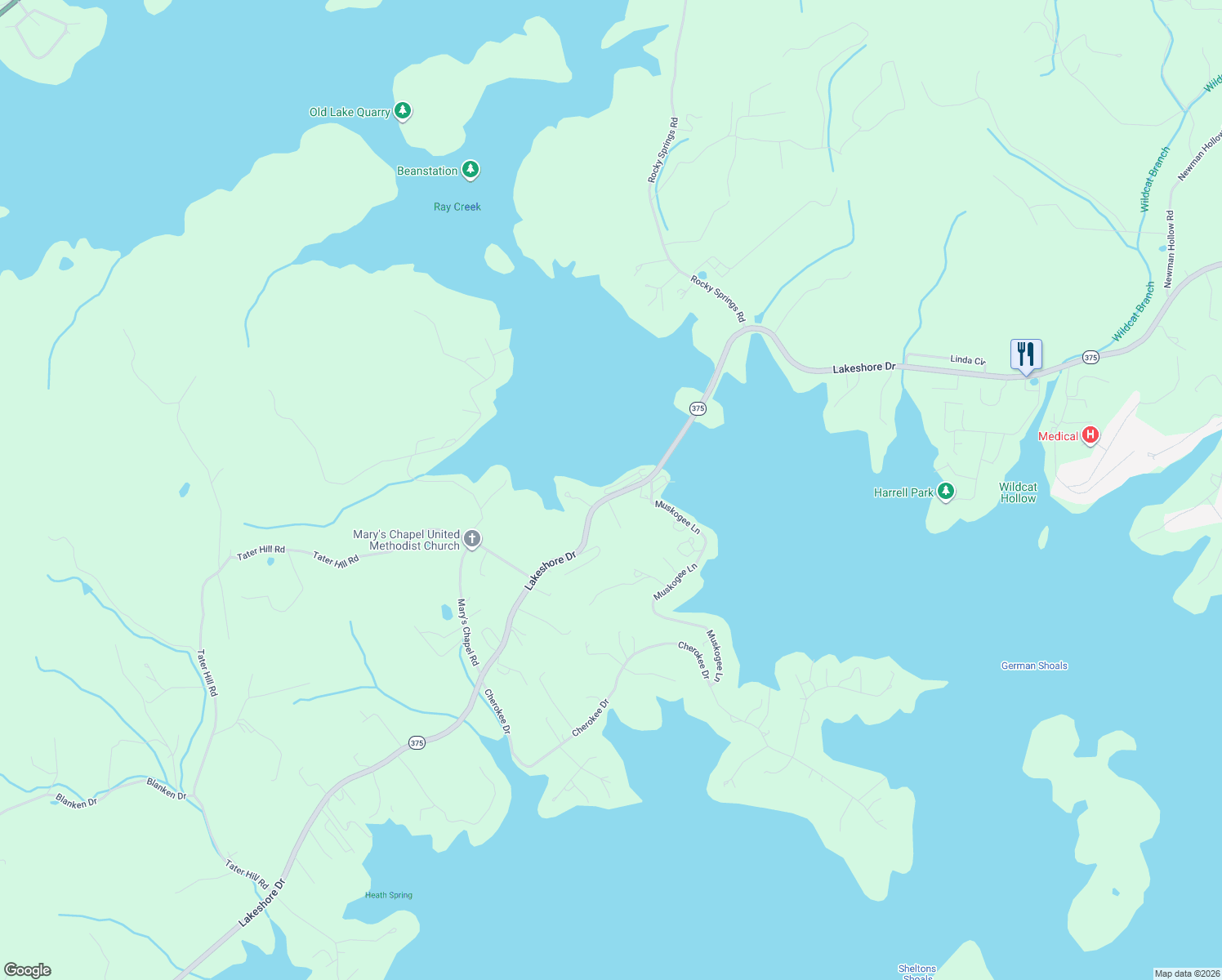 map of restaurants, bars, coffee shops, grocery stores, and more near 443 Sandpiper Lane in Bean Station