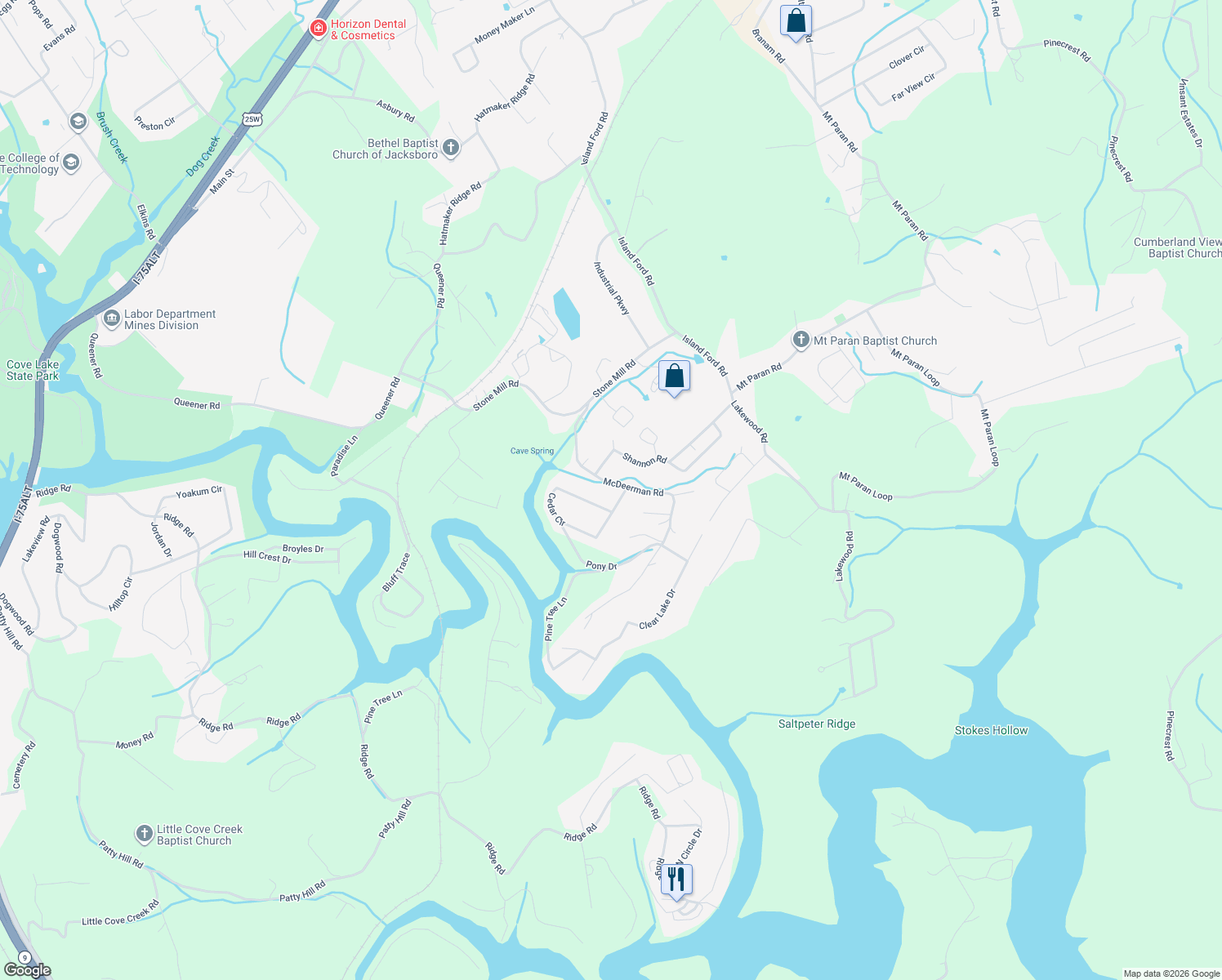 map of restaurants, bars, coffee shops, grocery stores, and more near 357 Shannon Road in Jacksboro