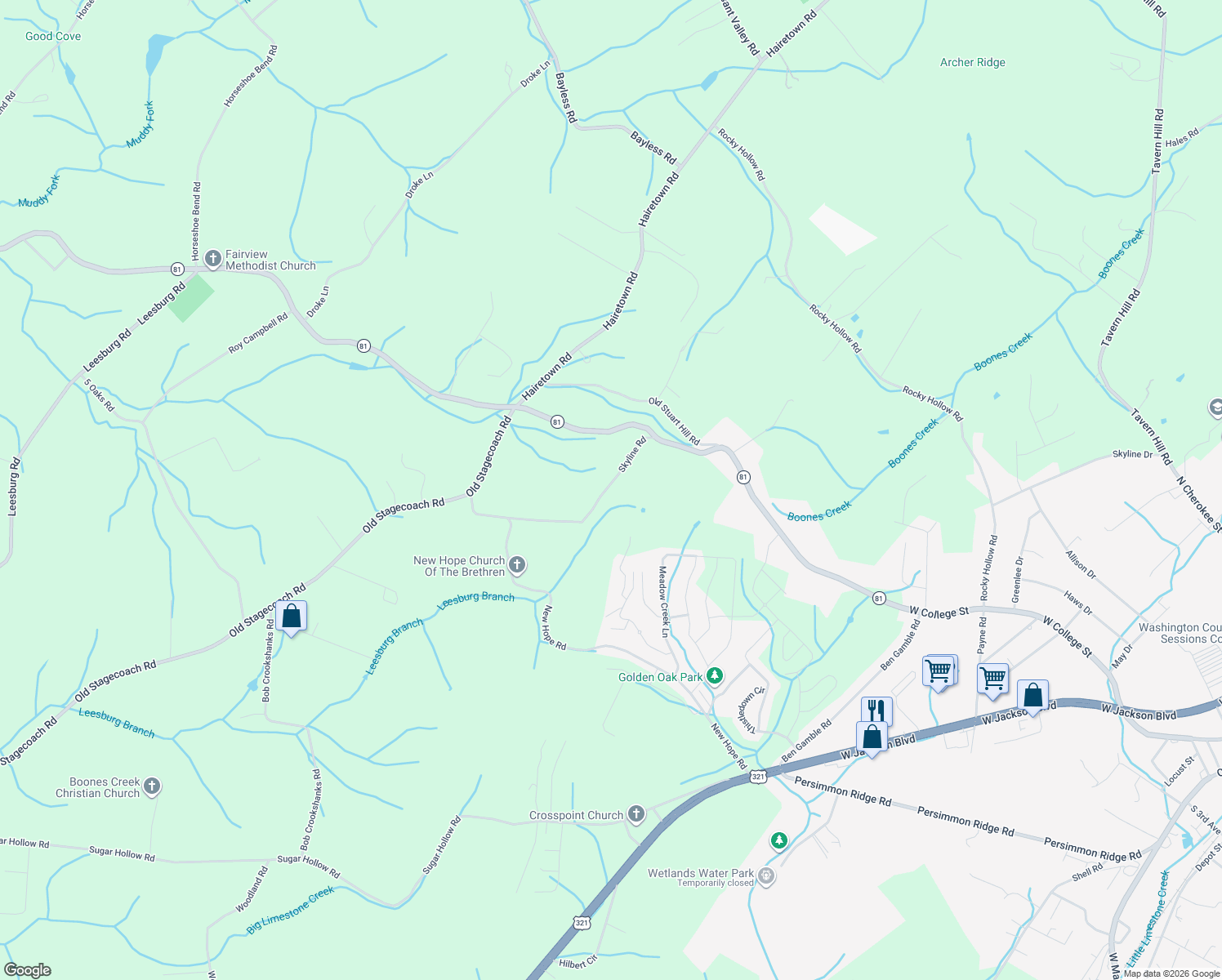 map of restaurants, bars, coffee shops, grocery stores, and more near 154 Skyline Road in Jonesborough