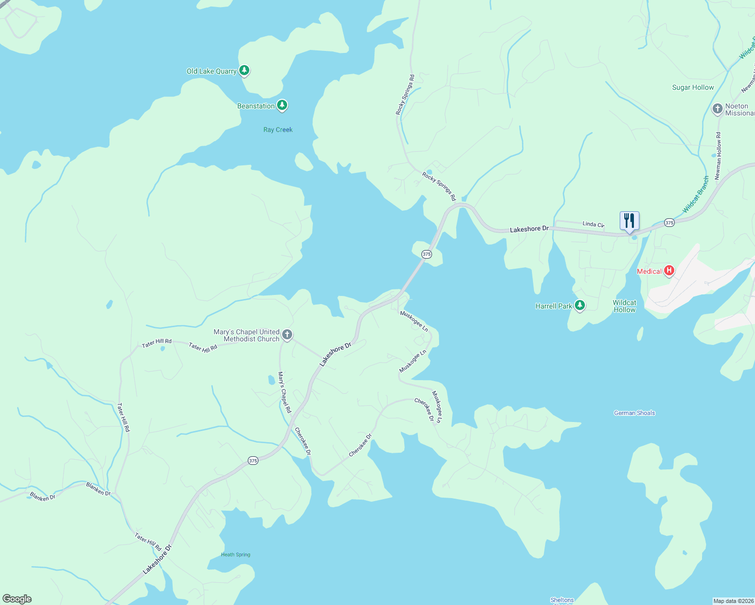 map of restaurants, bars, coffee shops, grocery stores, and more near 443 Sandpiper Lane in Bean Station