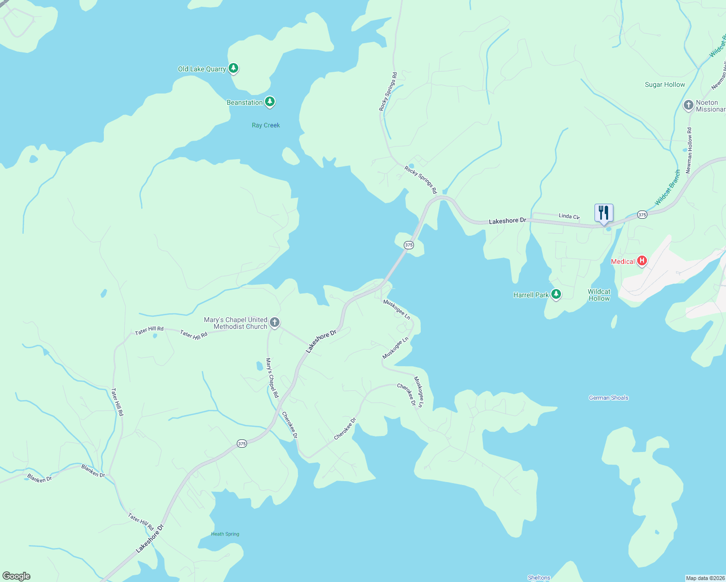 map of restaurants, bars, coffee shops, grocery stores, and more near 243 Sandpiper Lane in Bean Station