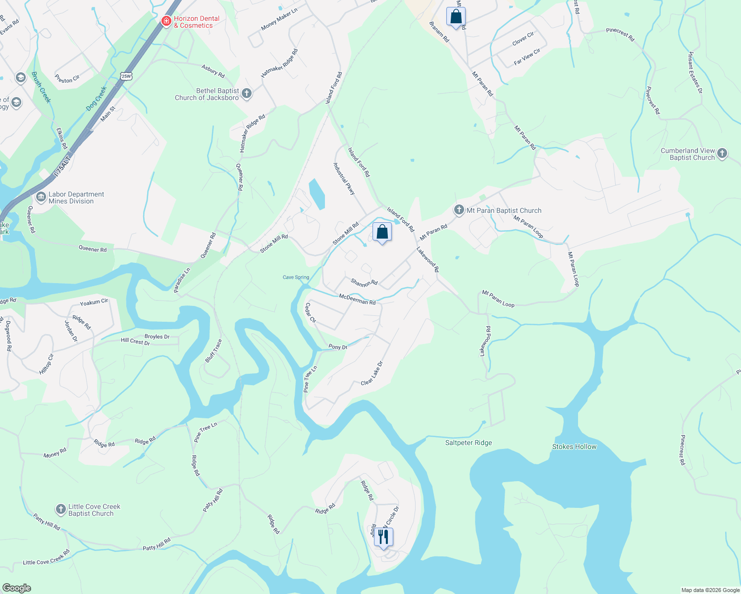 map of restaurants, bars, coffee shops, grocery stores, and more near 327 McDeerman Rd in Jacksboro