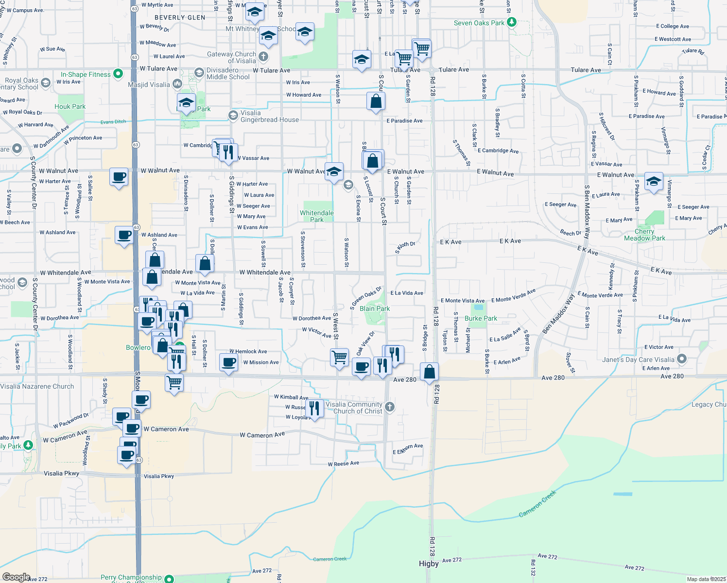map of restaurants, bars, coffee shops, grocery stores, and more near 234 West Green Oaks Drive in Visalia