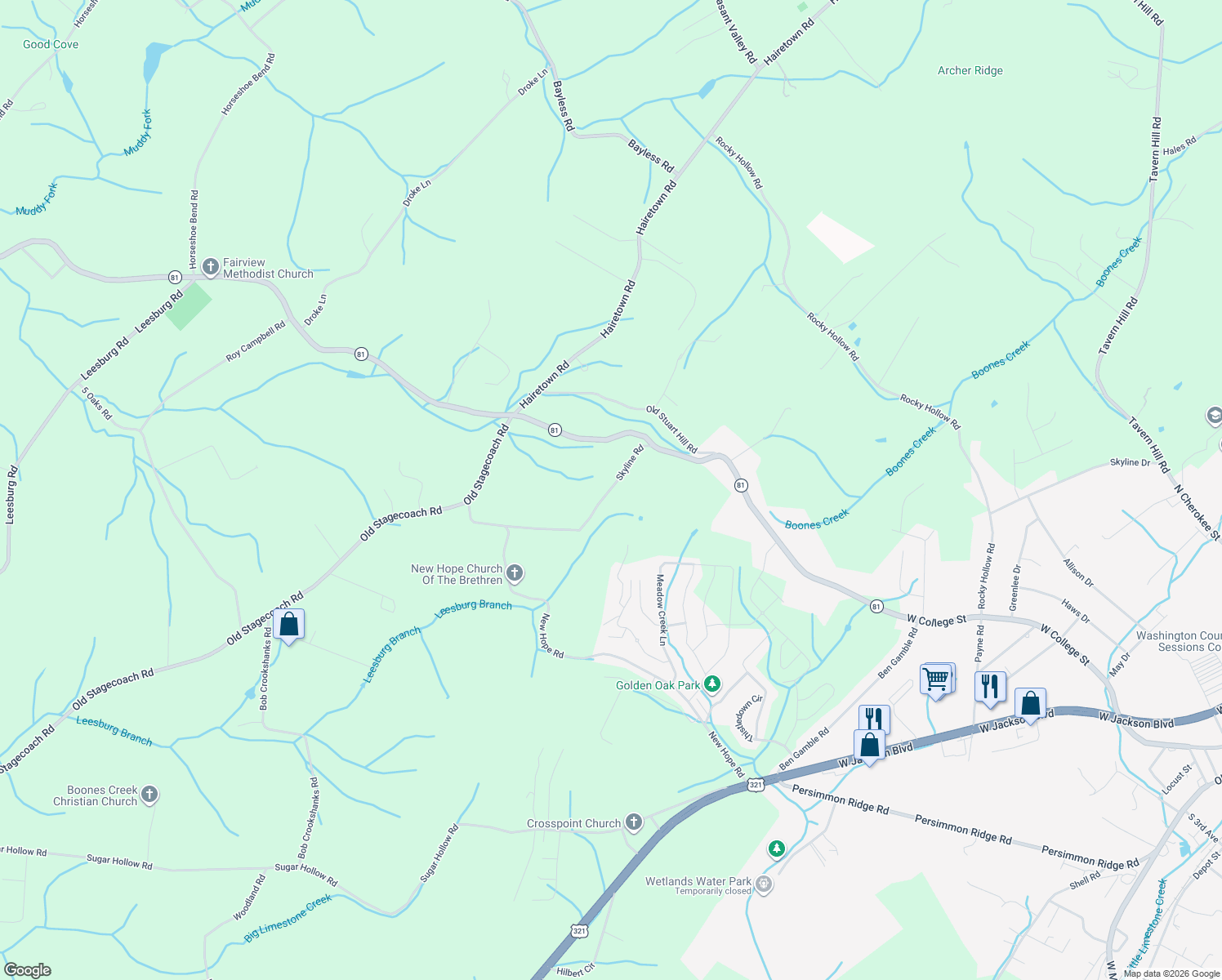 map of restaurants, bars, coffee shops, grocery stores, and more near 154 Skyline Road in Jonesborough