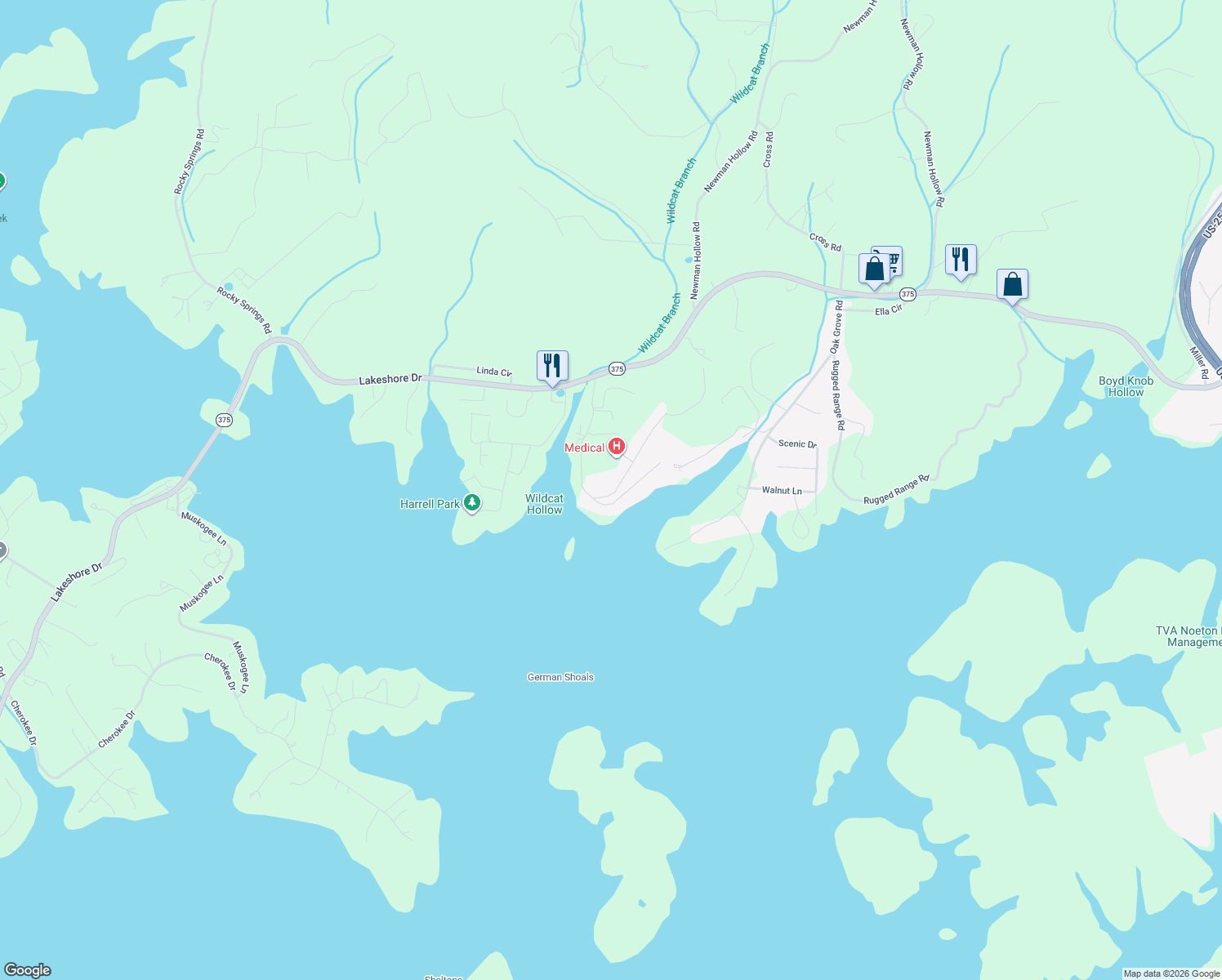 map of restaurants, bars, coffee shops, grocery stores, and more near 195 Simpson Lane in Bean Station
