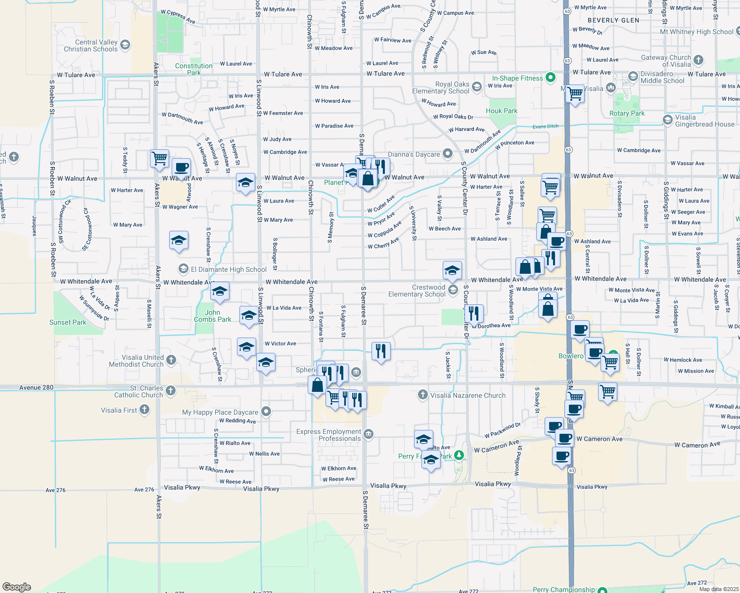 map of restaurants, bars, coffee shops, grocery stores, and more near 3625 West Monte Vista Court in Visalia